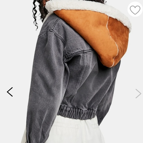 Free people perry hooded denim jacket in washed black sherpa trim size S - Picture 3 of 11